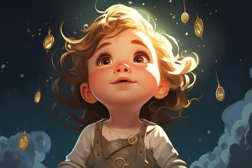 little baby girl with a locket in his neck looking up to the sky, children's book illustration style, --ar 3:2