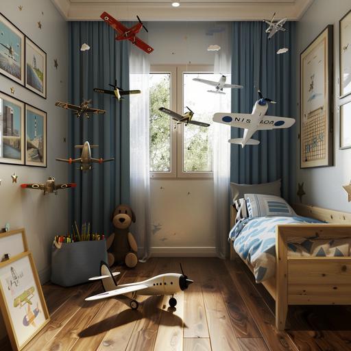 little boy bedroom. the room has a wood floor. There is a window with blue curtains hanging down to the floor. There are model airplanes hanging from the ceiling. The bedroom has framed pictures on the wall of hand drawn airplanes. Photo realism, photo realistic,details