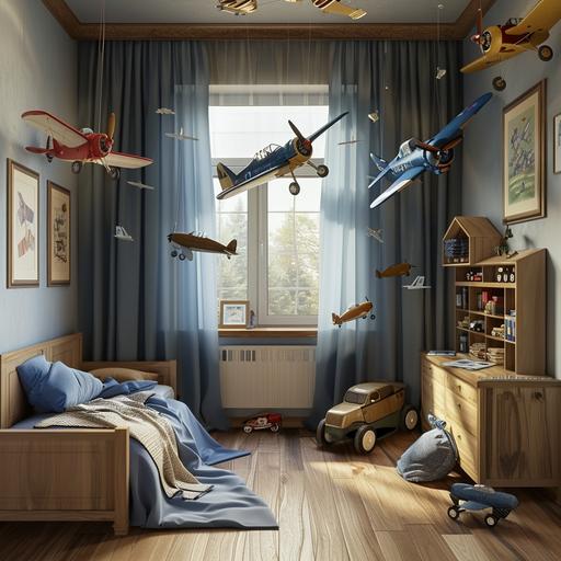 little boy bedroom. the room has a wood floor. There is a window with blue curtains hanging down to the floor. There are model airplanes hanging from the ceiling. The bedroom has framed pictures on the wall of hand drawn airplanes. Photo realism, photo realistic,details