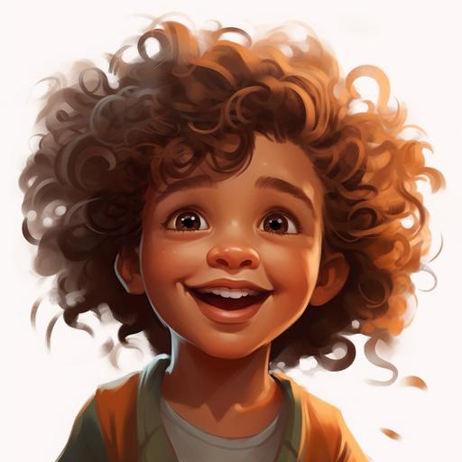 /little boy, brown curly wavy hair, light brown skin tone, excited, illustration and cartoon style, realistic features