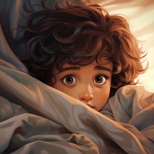 little boy, brown curly wavy hair, light brown skin tone, hiding under blanket, illustration and cartoon style, realistic features