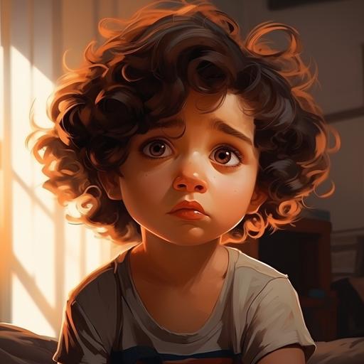 /little boy, brown curly wavy hair, light brown skin tone, sad face, illustration and cartoon style, realistic features