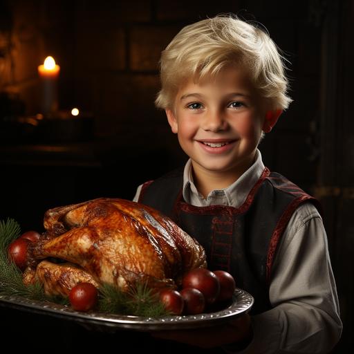 little boy dressed as Santa Claus carries a large roast turkey on a platter, Christmas, holiday illumination --s 750 --uplight