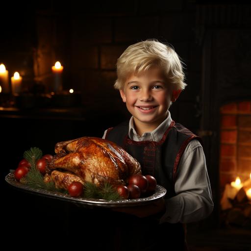 little boy dressed as Santa Claus carries a large roast turkey on a platter, Christmas, holiday illumination --s 750 --uplight