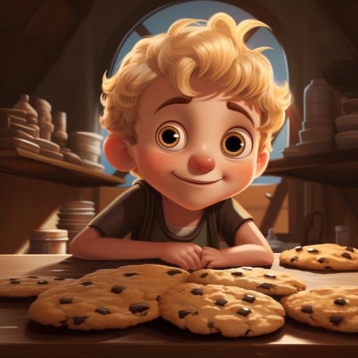 little boy, golden hair, wide eyes, long eyelashes, peyos, big chocolate chip cookies cartoon