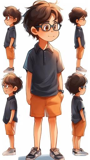 little boy, multiple poses, watercolor style, simple, cute, heart worming, full color, dark brown hair, very short hair, dark blue frame glasses, round nose, black polo shirt, orange short pants, white background--niji 5 --s 250 --ar 9:16 --v 6.0