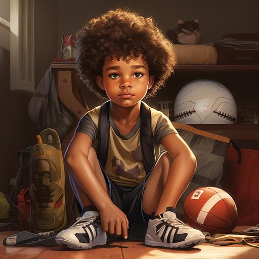 little boy, short brown curly hair, black eyes, light brown skin tone, getting ready for school in the morning, with a football, cartoon style