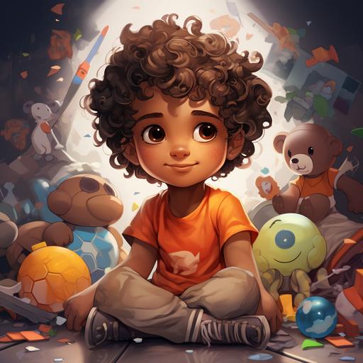 little boy, short brown curly hair, brown eyes, brown skin tone, thought bubble with toys, cartoon style