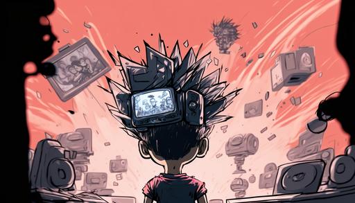 little boy transforming in to a cyborg character wearing a TV scren as head, dragon ball explosion, manga, highest details, dark, crazy illustration sketch --ar 16:9