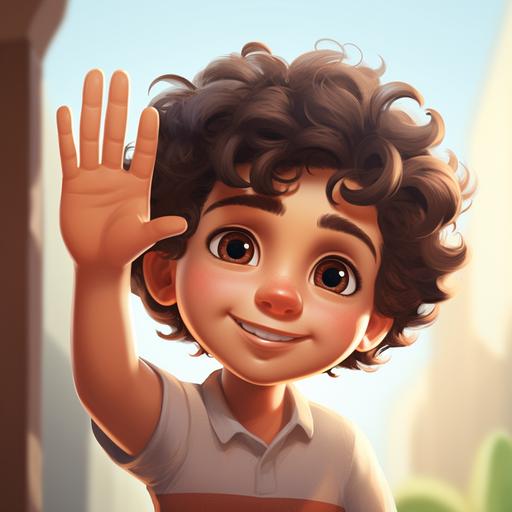 little boy waving hi, short brown curly hair, light brown skin, brown eyes, rosy nose, cartoon style
