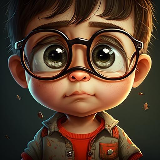 little boy with glasses big eyes cartoon intellegent
