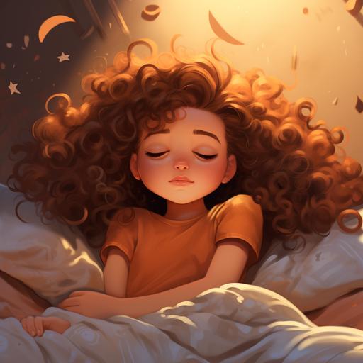little brown curly hair girl sleepin cartoon style