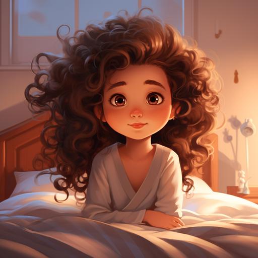 little brown curly hair girl waking up cartoon style