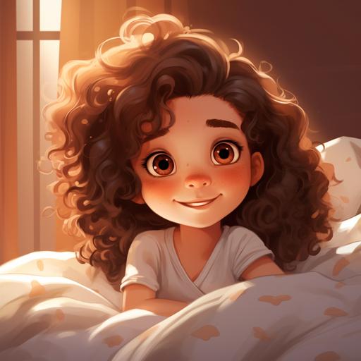 little brown curly hair girl waking up on bed cartoon style