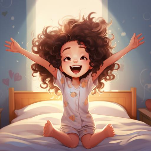 little curly hair girl streching arms in bed waking up cartoon style