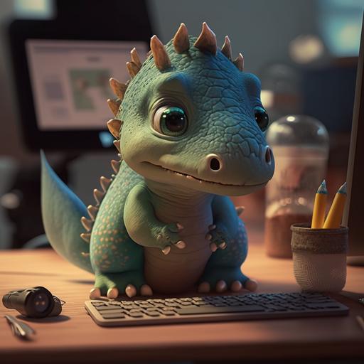 little cute dinosaur baby, designer on desk, cool, pretty 8k