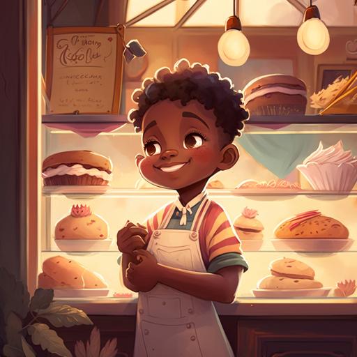 little dark skin boy in a magical bakery, cartoon, cute, happy