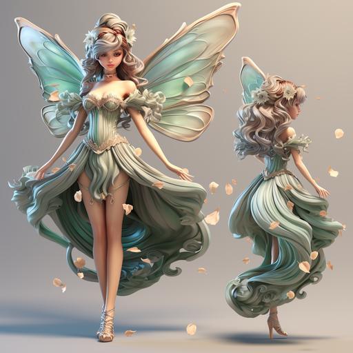 little fairy, 3d game modeling, beautiful young fantasy woman, short silk dress flies in wind motion butterfly wings magic shiny, front view and back view of the character, full body --s 250