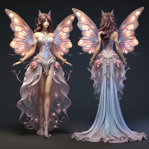 little fairy, 3d game modeling, beautiful young fantasy woman, short silk dress flies in wind motion butterfly wings magic shiny, front and back view of the character --s 250