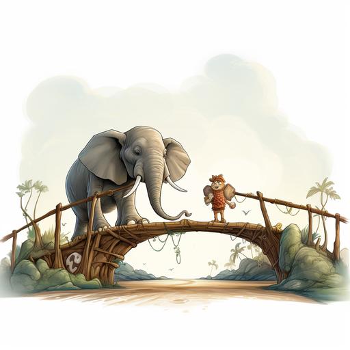 little funny Ant and big elephant crossing the bridge, cartoon, white background --v 5.2