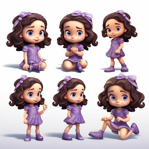 little girl age of 5 cartoon character, multiple poses and expressions, cute, full colour, purple shoes, purple bow, purple dress,white socks, long dark curly hair, brown eyes, --no outline