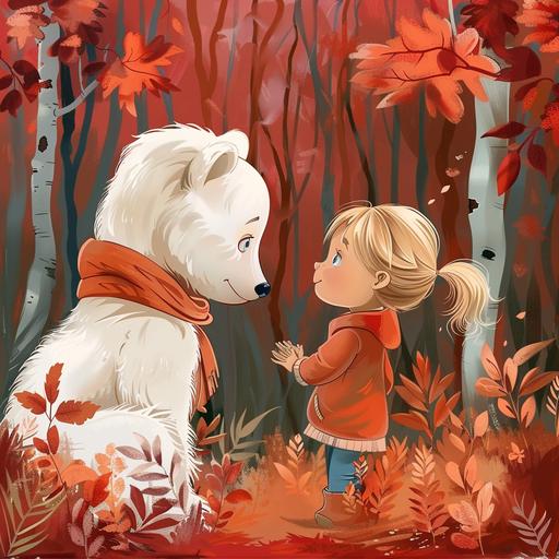 little girl, blonde, blue eyes, cartoon style, on the background of a forest, meeting a polar bear cub in the forest, more cozy, quality, red forest --style raw