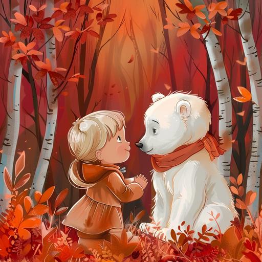 little girl, blonde, blue eyes, cartoon style, on the background of a forest, meeting a polar bear cub in the forest, more cozy, quality, red forest --style raw