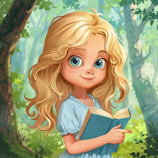 little girl, blonde, blue eyes, loose hair, book in hand, high quality, cartoon style, on green forest background --style raw