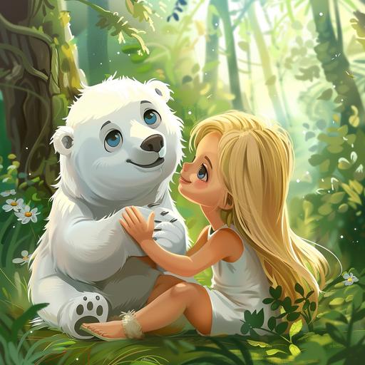 little girl, blonde, blue eyes, loose hair, high quality, cartoon style, on green forest background, polar bear, their meeting --style raw