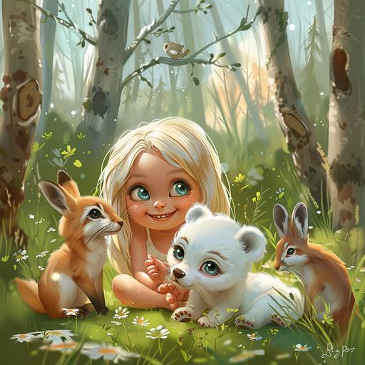 little girl, blonde, blue eyes, loose hair, polar bear, hare, fox, playing fun games in the green forest, cartoon style, high quality --style raw