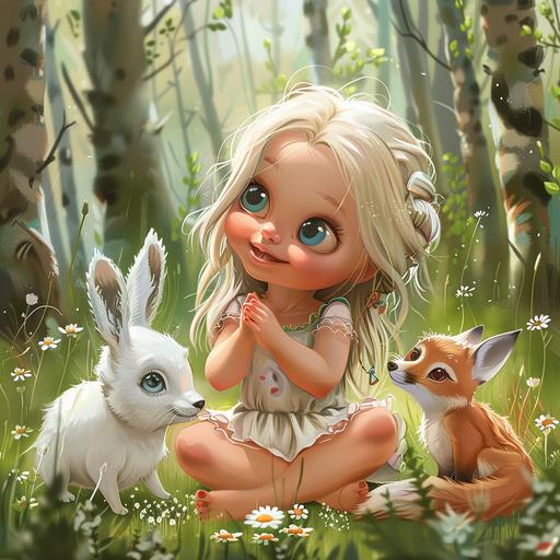 little girl, blonde, blue eyes, loose hair, polar bear, hare, fox, playing fun games in the green forest, cartoon style, high quality --style raw