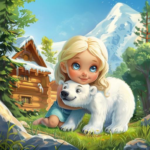 little girl, blonde, blue eyes, loose hair, polar bear, high quality, cartoon style, background remotely shows a house in a green forest --style raw