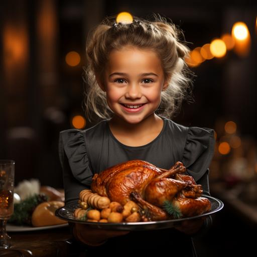 little girl carries a big roast turkey on a platter, christmas --s 750 --uplight