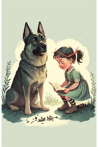 little girl playing with german shepherd, illustration style, children's book illustration --v 4 --ar 2:3