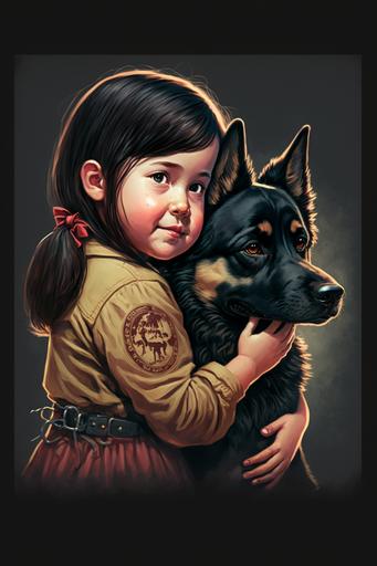 little girl with black hair playing with a german shepherd, illustration style --v 4 --ar 2:3