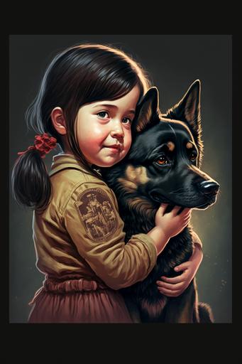 little girl with black hair playing with a german shepherd, illustration style --v 4 --ar 2:3