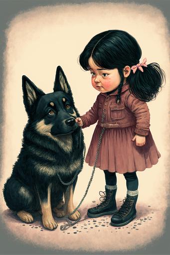 little girl with black hair playing with german shepherd, illustration style, children's book illustration --v 4 --ar 2:3