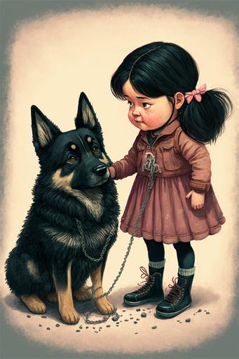 little girl with black hair playing with german shepherd, illustration style, children's book illustration --v 4 --ar 2:3