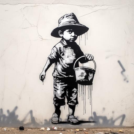 little kid with a sombrero hat, holding a paint bucket, stencil, banksy style, graffiti, b&w, ar--19:16