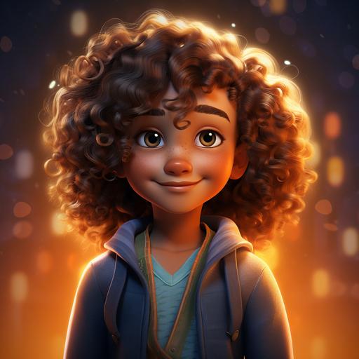 little light skin 6-year-old boy with magical long curly hair cartoon character