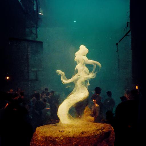 little mermaid statue dancing at a packed secret warehouse rave, early morning light, smoke, ultra high resolution film still