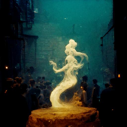 little mermaid statue dancing at a packed secret warehouse rave, early morning light, smoke, ultra high resolution film still