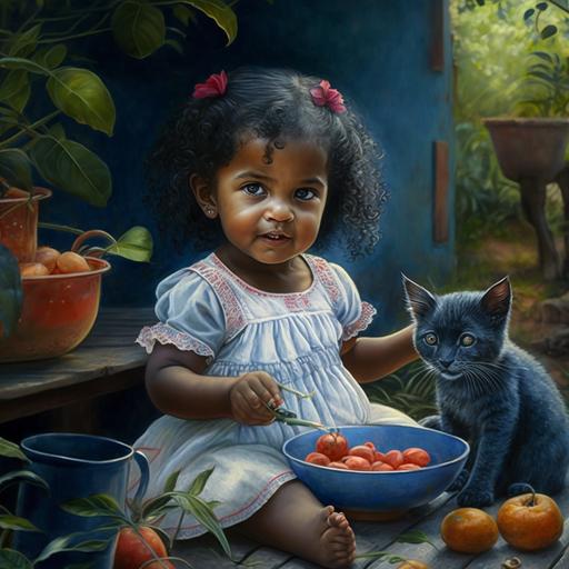 little sri lankan 1 year old girl wearing a blue colour gawn,sitting in a garden,with cats,smiles,eating strawberry,llovely,hyper realistic,high detailed,full hd,64k
