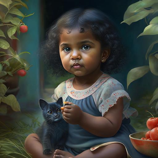 little sri lankan 1 year old girl wearing a blue colour gawn,sitting in a garden,with cats,smiles,eating strawberry,llovely,hyper realistic,high detailed,full hd,64k