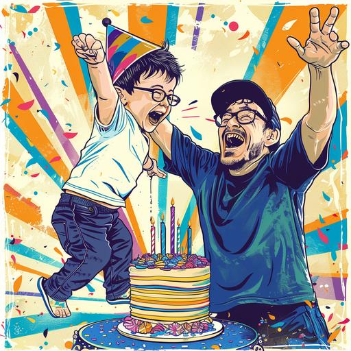 little toddler jumping onto the birthday cake, young daddy character with glasses and a colourful flat cap laughing non-stop, japanese block print style