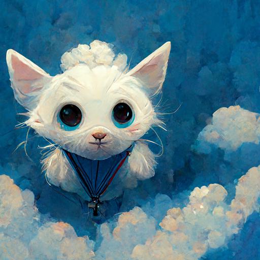 little white fluffy cat and parachute with blue eyes
