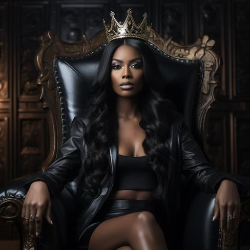 live action hyper realistic 4k black woman with a full face makeup glam, sitting in a queens chair with a crown on her head with knee length straight jet black silky hair.