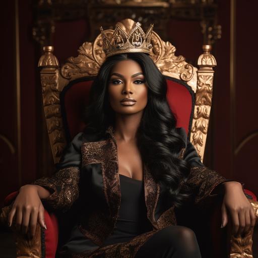 live action hyper realistic 4k black woman with a full face makeup glam, sitting in a queens chair with a crown on her head with knee length straight jet black silky hair.