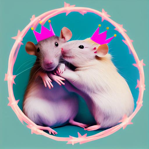 real live funny crazy funny rats hugging, toy crowns on their heads, holding hands,image in the center, bright pink turquoise background, dancing in a circle --upbeta
