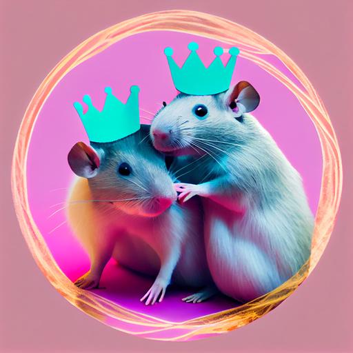 real live funny crazy funny rats hugging, toy crowns on their heads, holding hands,image in the center, bright pink turquoise background, dancing in a circle --upbeta